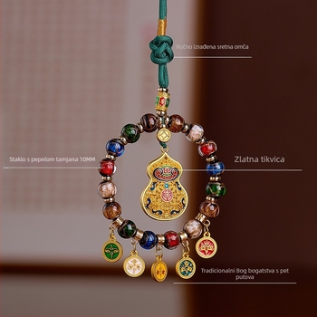 Ručno izrađeni stakleni auto privjesak s pet bogova bogatstva, Thangka s pozlaćenim privjeskom, tibetanski vintage stil