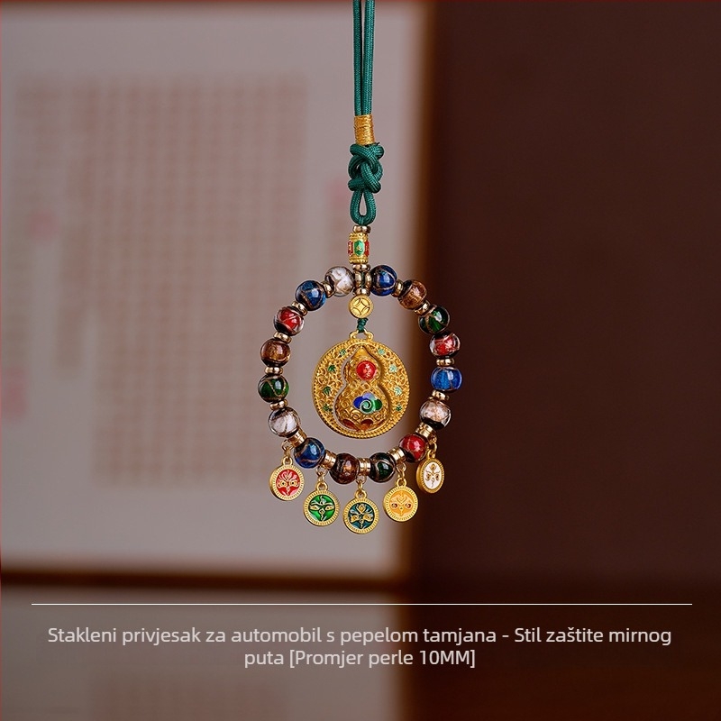 Ručno izrađeni stakleni auto privjesak s pet bogova bogatstva, Thangka s pozlaćenim privjeskom, tibetanski vintage stil