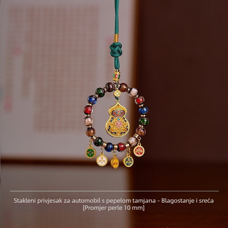 Ručno izrađeni stakleni auto privjesak s pet bogova bogatstva, Thangka s pozlaćenim privjeskom, tibetanski vintage stil