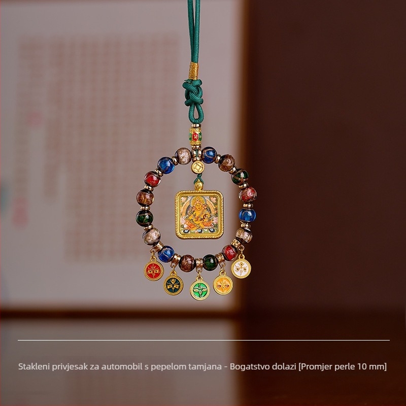 Ručno izrađeni stakleni auto privjesak s pet bogova bogatstva, Thangka s pozlaćenim privjeskom, tibetanski vintage stil