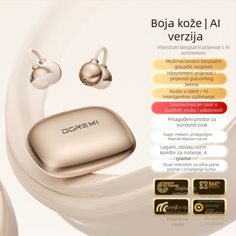 Bluetooth slušalice s kostnom kondukcijom, klipsa za uho, otvoreni dizajn, sportski stil, AI prijevod i simultani prijevod, trajanje baterije 0–4 sata