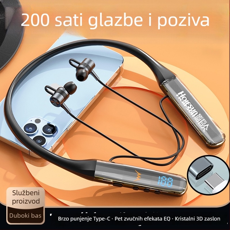 Bežične Bluetooth slušalice za vrat s digitalnim zaslonom, Bluetooth 5.4, doseg 10 m, stereo, više od 8 sati trajanja