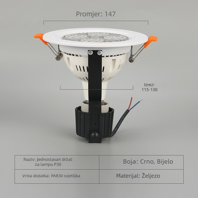 PAR30 nosač lampe s ugrađenim kućištem, metalno tijelo, model Simple P30, marka Grishing, pogodan za urede, trgovačke centre, domove i dnevne sobe