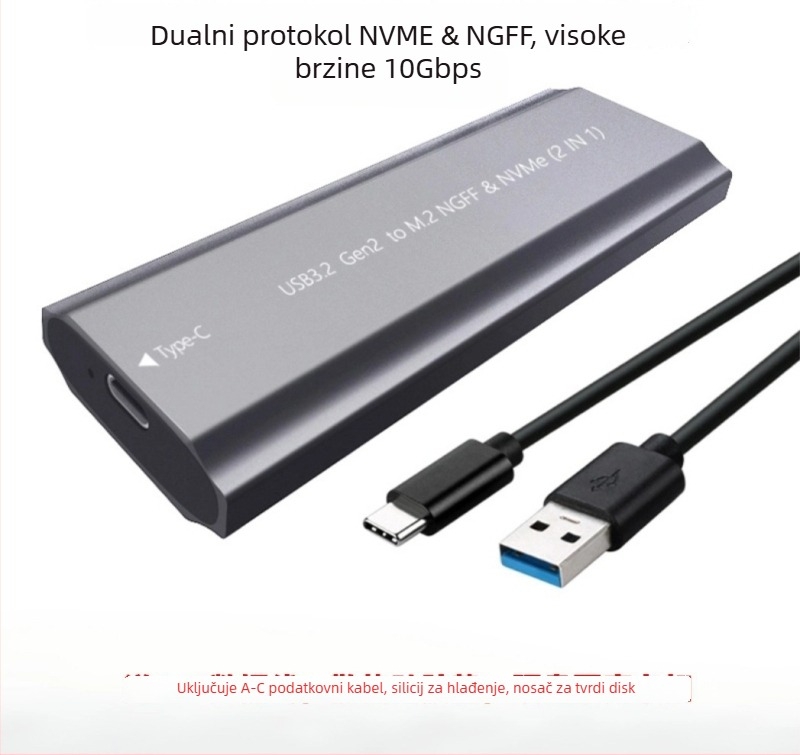 M.2 SSD kućište s USB 3.1 Type-C – aluminijska legura, dvostruki NGFF/MVMe protokol, do 8TB, model TNP07