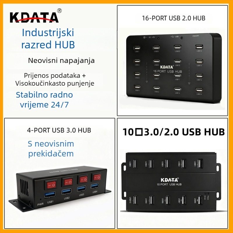 Kdata GH USB 2.0 hub s vanjskim napajanjem, kabel duljine 1,8 m, brzina prijenosa 1000 MB/s