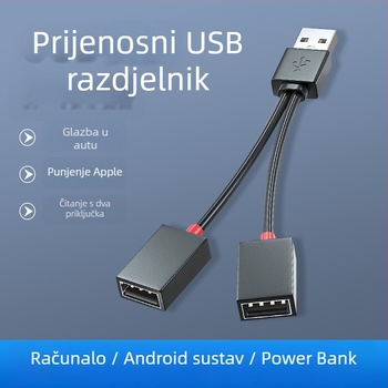 Automobilski USB 2-portni splitter hub, USB 2.0, kabel 10–12 cm, napajanje preko USB-a