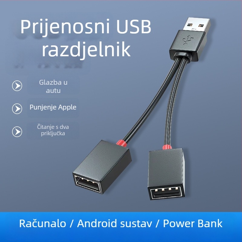 Automobilski USB 2-portni splitter hub, USB 2.0, kabel 10–12 cm, napajanje preko USB-a