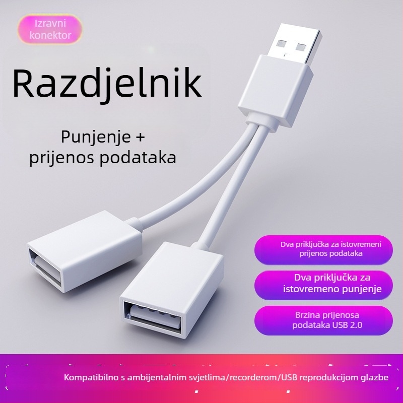 Automobilski USB 2-portni splitter hub, USB 2.0, kabel 10–12 cm, napajanje preko USB-a