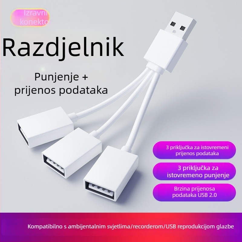 Automobilski USB 2-portni splitter hub, USB 2.0, kabel 10–12 cm, napajanje preko USB-a
