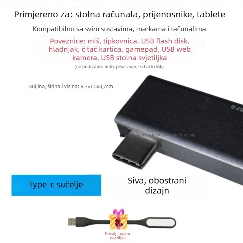 USB 3.0 višestruki proširivač za notebook s Type-C proširnim dokom, 2-portni splitter, bez napajanja