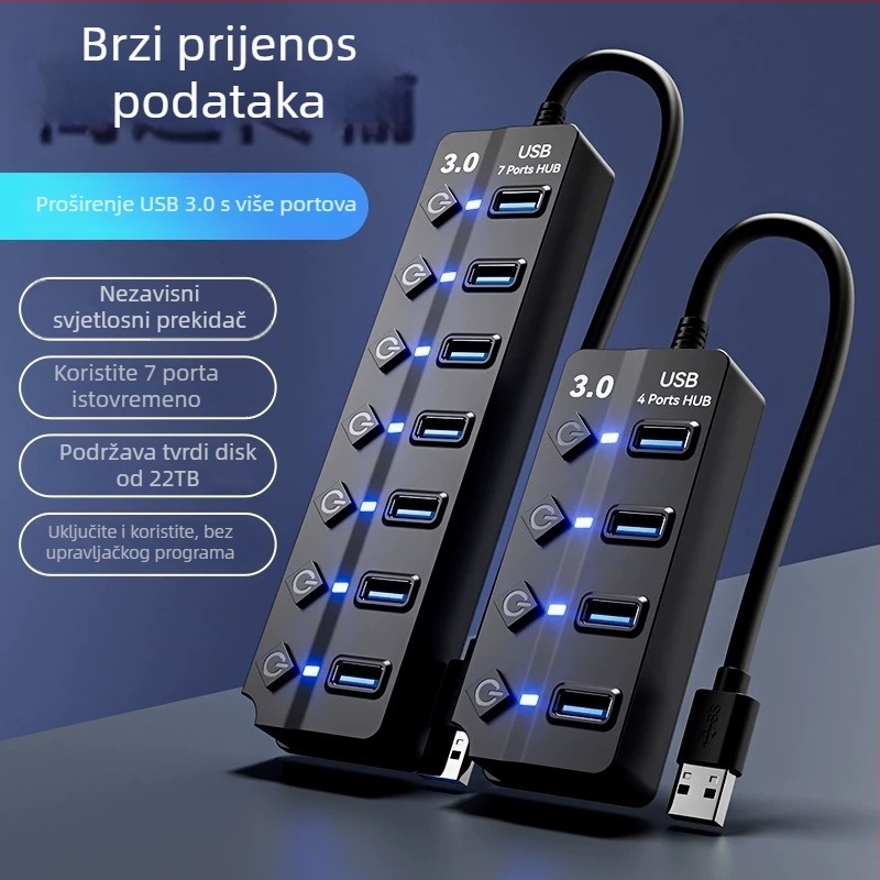 USB 3.0 hub JR07, 7-portni hub, kabel 30 cm, bez napajanja, brzina prijenosa 5GB
