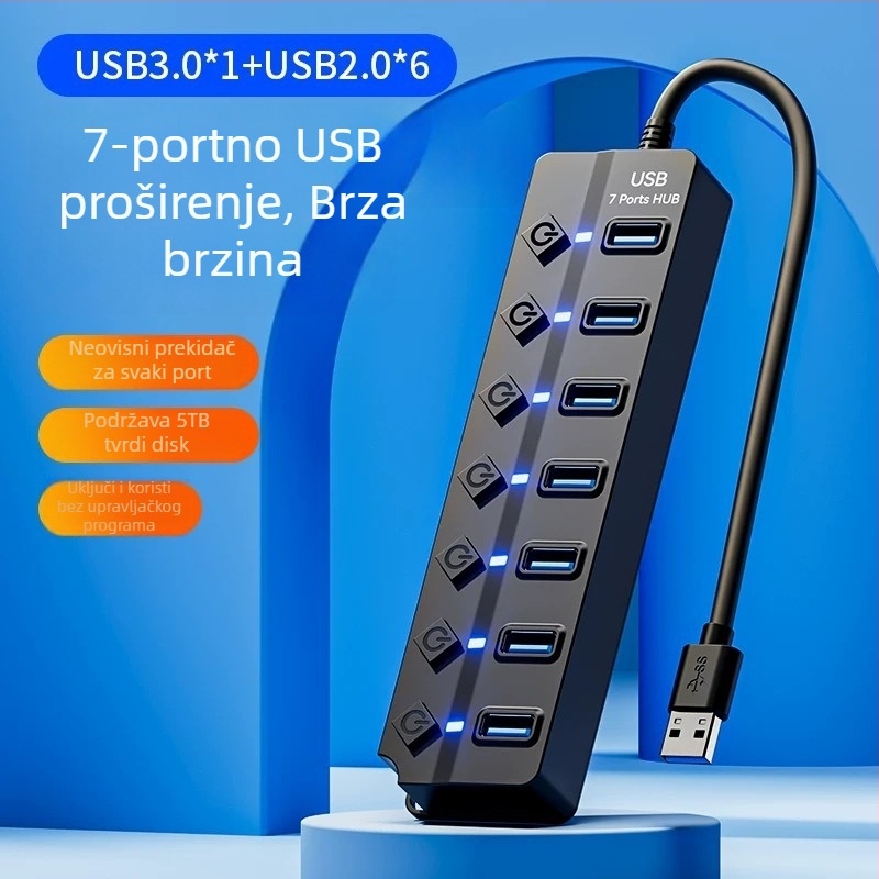 USB 3.0 hub JR07, 7-portni hub, kabel 30 cm, bez napajanja, brzina prijenosa 5GB