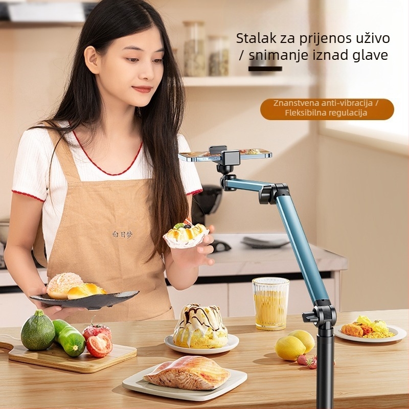 Podna držač za mobitel s kladkom i cantilever-om za live streaming i snimanje iznad; univerzalan za mobitele i tablete; ABS + metal