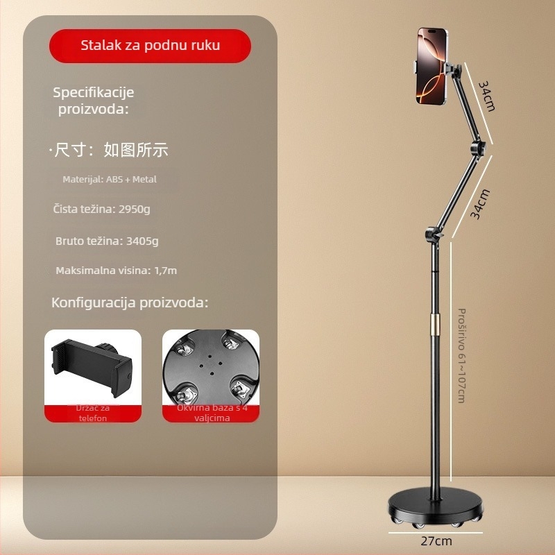 Podna držač za mobitel s kladkom i cantilever-om za live streaming i snimanje iznad; univerzalan za mobitele i tablete; ABS + metal