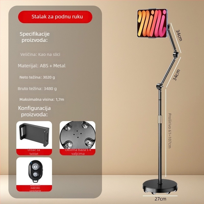 Podna držač za mobitel s kladkom i cantilever-om za live streaming i snimanje iznad; univerzalan za mobitele i tablete; ABS + metal