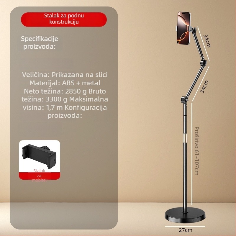 Podna držač za mobitel s kladkom i cantilever-om za live streaming i snimanje iznad; univerzalan za mobitele i tablete; ABS + metal