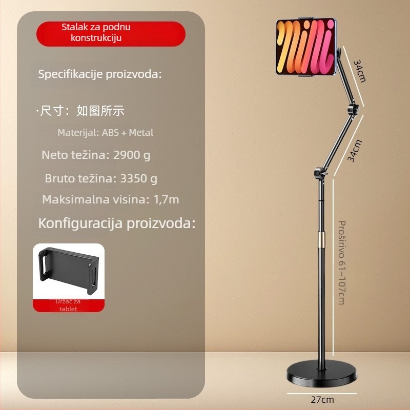 Podna držač za mobitel s kladkom i cantilever-om za live streaming i snimanje iznad; univerzalan za mobitele i tablete; ABS + metal