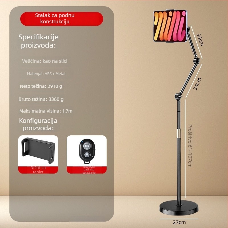 Podna držač za mobitel s kladkom i cantilever-om za live streaming i snimanje iznad; univerzalan za mobitele i tablete; ABS + metal