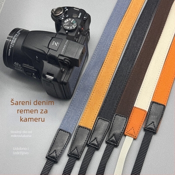 Remen za kameru – retro denim, dijagonalno podesiv, universalni model; kompatibilan s Canon, Fuji, Polaroid i drugim kamerama