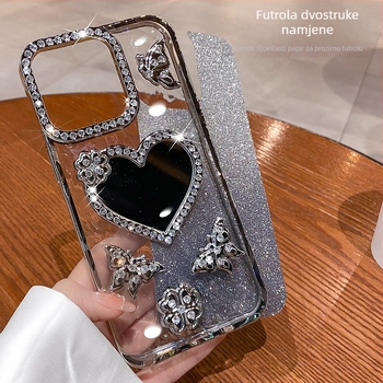 Kućište za iPhone 11/12/13/14/15 Pro Max s ogledalom u obliku srca i kristalima