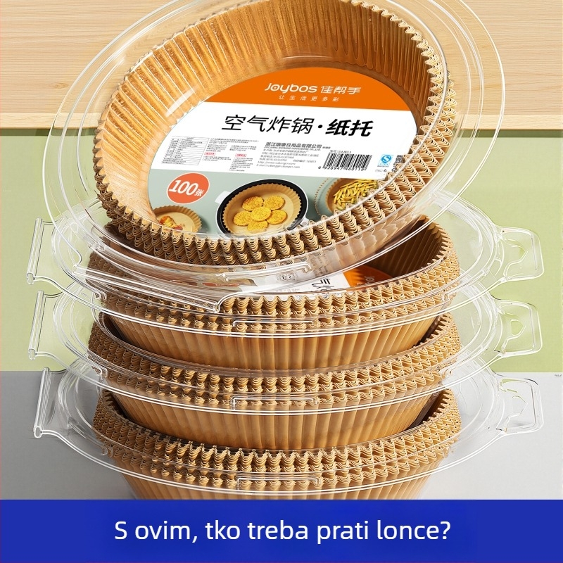Paper za pečenje za air fryer – marka: Binyi; materijal: drvena celuloza; premaz silikonim uljem; 36 g/m²; kategorija: papir za pečenje