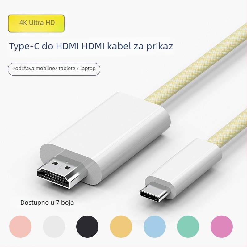 Kabel Type-C na HDMI za mobilne telefone (iPhone 15, Huawei, Samsung) – duljina 1,8 m, Type-C–HDMI priključak, bakreni vodič s tinom i niklovanim premazom