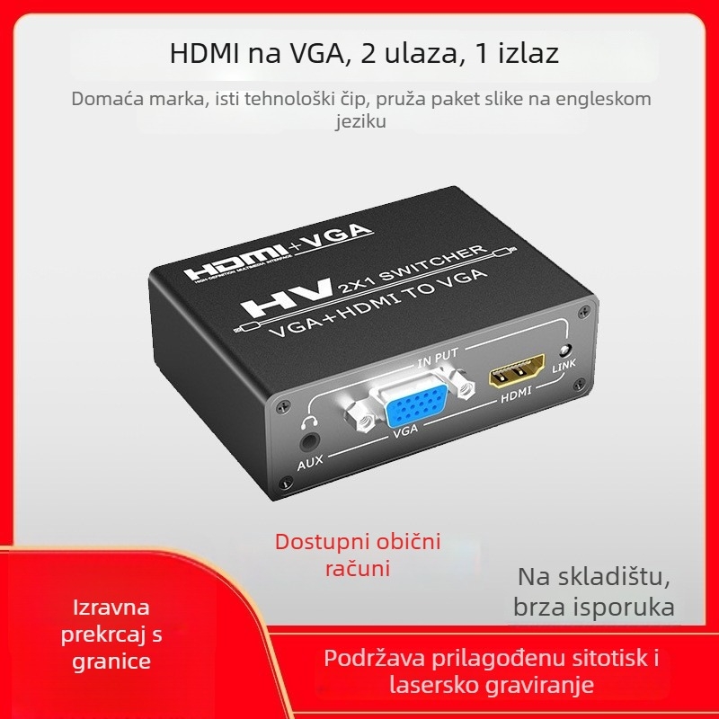 HDMI-VGA hibridni prekidač sa zvukom za monitore računala, TV i projektore; VGA do 25 m, HDMI do 15 m