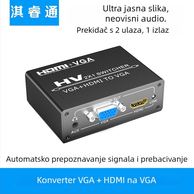 HDMI-VGA hibridni prekidač sa zvukom za monitore računala, TV i projektore; VGA do 25 m, HDMI do 15 m