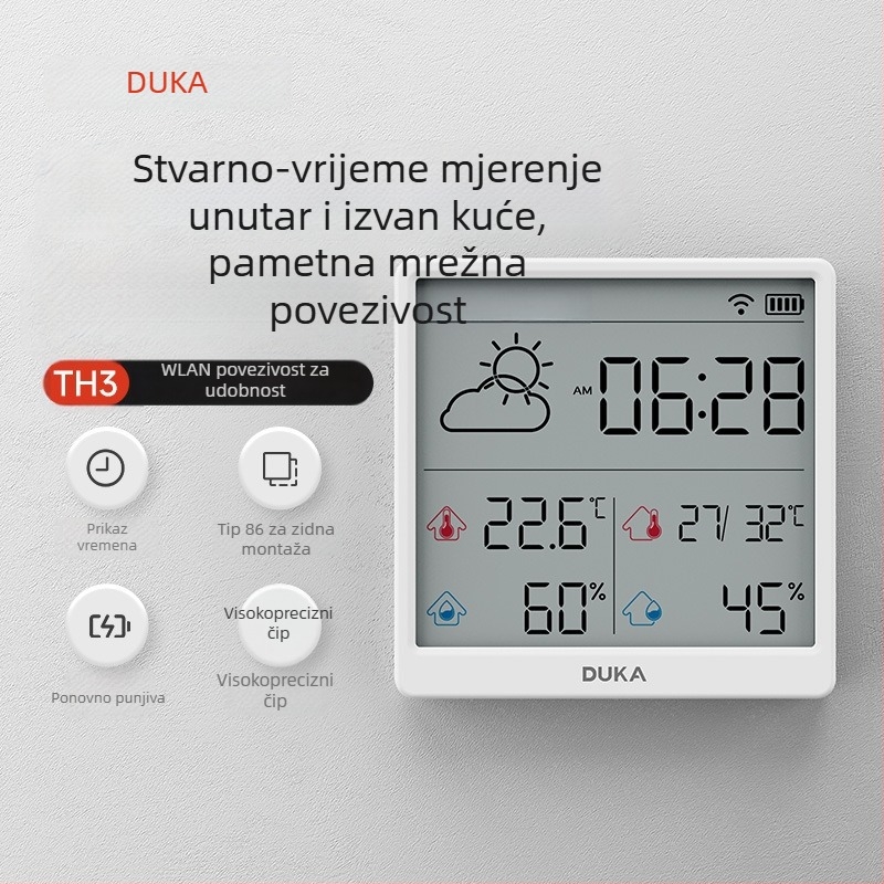 Kućni termometar i higrometar sa Wi‑Fi-jem, zidna montaža, visokoprecizan digitalni prikaz, inteligentan alarm i meteorološka stanica