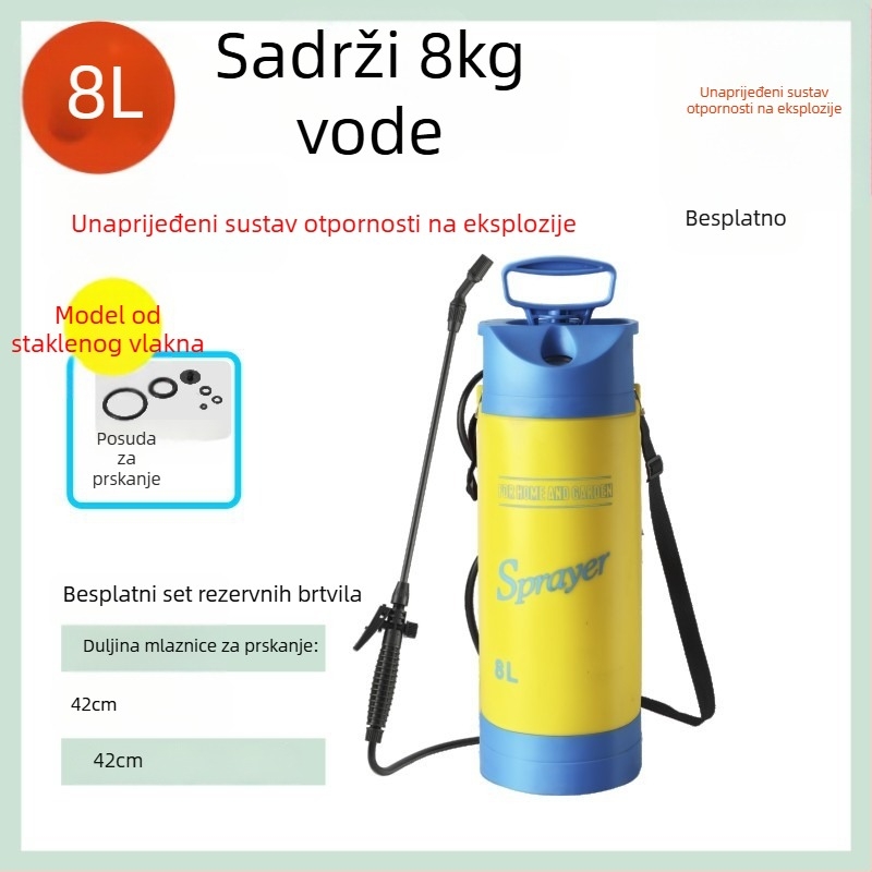 Kanta za zalijevanje s manometrom i ramenskim raspršivačem, PE/PP materijal, za vrt i dezinfekciju