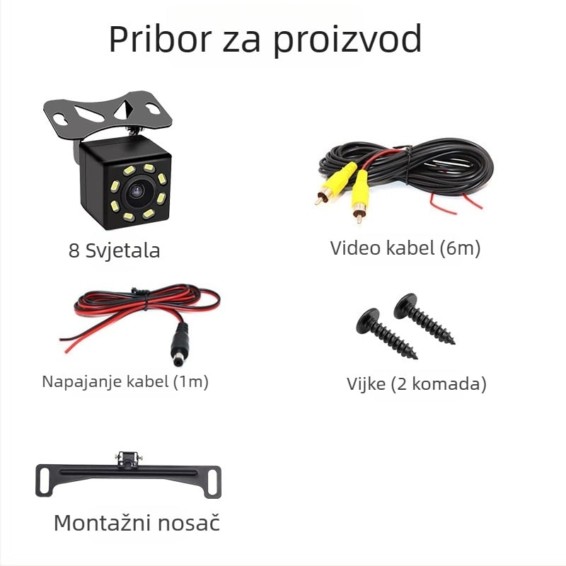 Automobilska stražnja kamera, 170° široki kut, IP67 vodootporna, 12 LED noćno osvjetljenje, CVBS video signal, rezolucija 800x480
