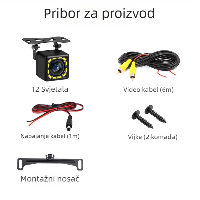 Automobilska stražnja kamera, 170° široki kut, IP67 vodootporna, 12 LED noćno osvjetljenje, CVBS video signal, rezolucija 800x480