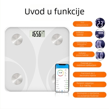 Bluetooth vaga za tjelesnu masnoću – digitalna vaga za kućnu upotrebu uz USB punjenje, mjerenje težine, masnoće, kalorija i vlage, do 180 kg