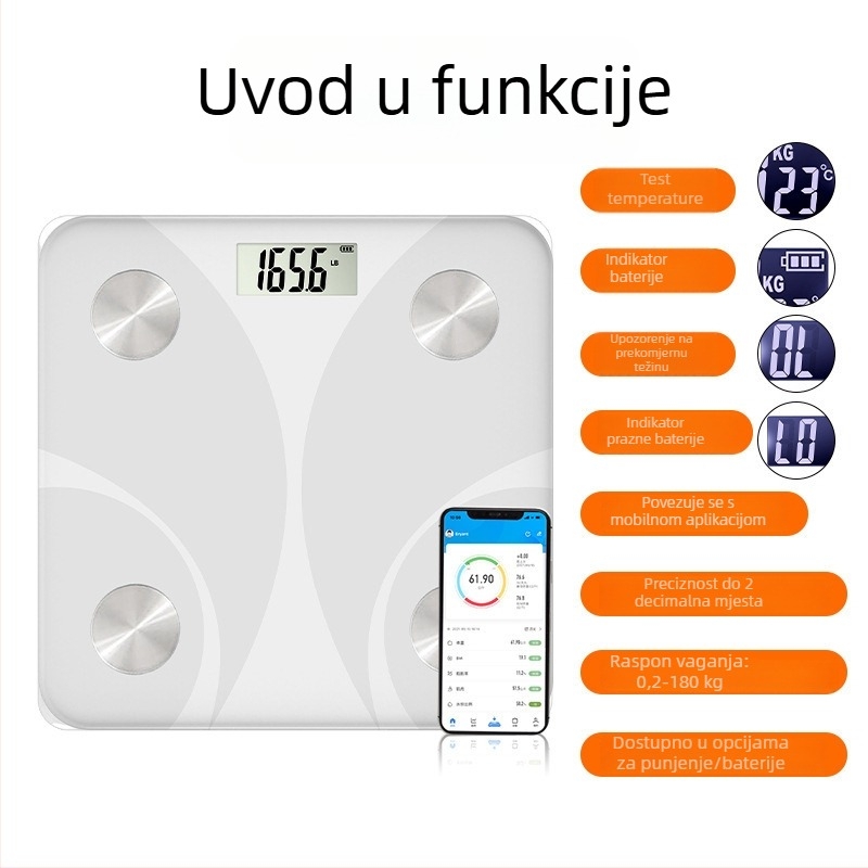 Bluetooth vaga za tjelesnu masnoću – digitalna vaga za kućnu upotrebu uz USB punjenje, mjerenje težine, masnoće, kalorija i vlage, do 180 kg