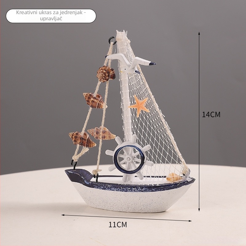 Mini model broda u mediteranskom stilu od sintetičke smole, marka Suojun, dekorativni komad s detaljama galeba i školjki