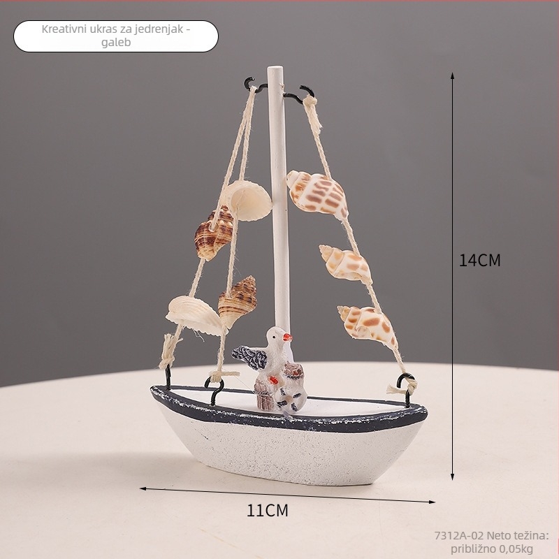 Mini model broda u mediteranskom stilu od sintetičke smole, marka Suojun, dekorativni komad s detaljama galeba i školjki