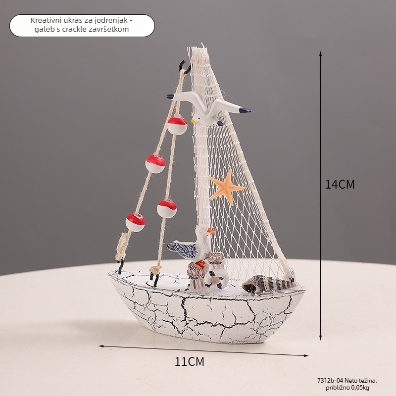 Mini model broda u mediteranskom stilu od sintetičke smole, marka Suojun, dekorativni komad s detaljama galeba i školjki