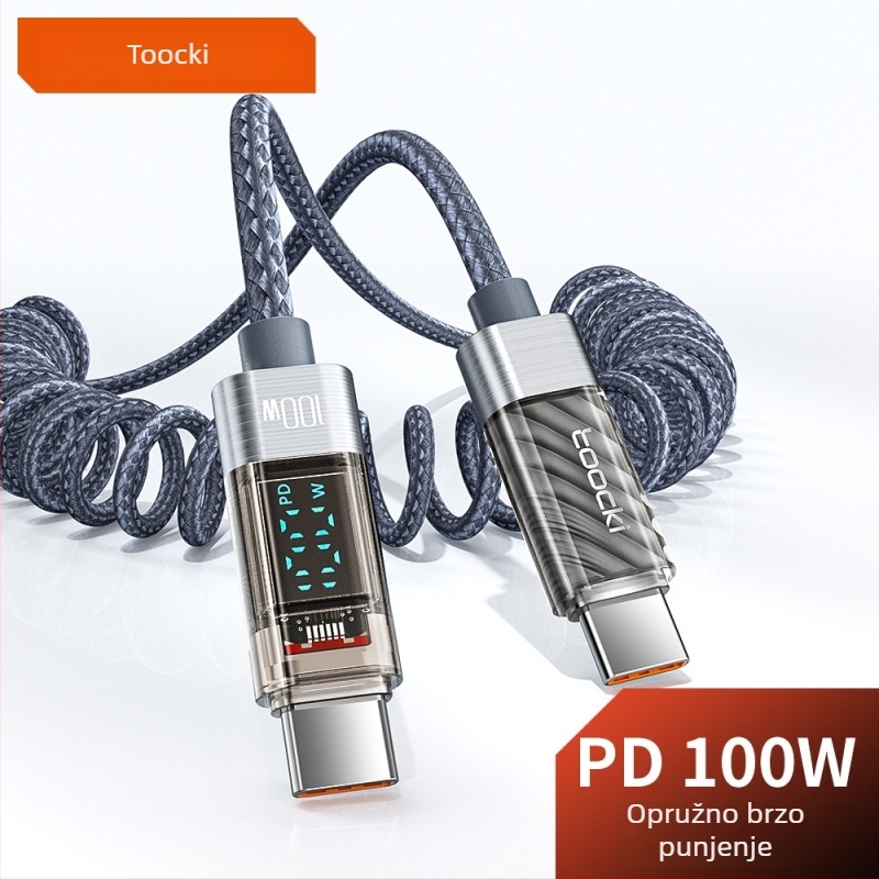 Toocki USB-C kabel s dvostrukim C iz aluminijske legure, digitalni zaslon, PD 100W, duljina 1,8 m