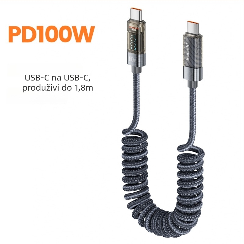 Toocki USB-C kabel s dvostrukim C iz aluminijske legure, digitalni zaslon, PD 100W, duljina 1,8 m
