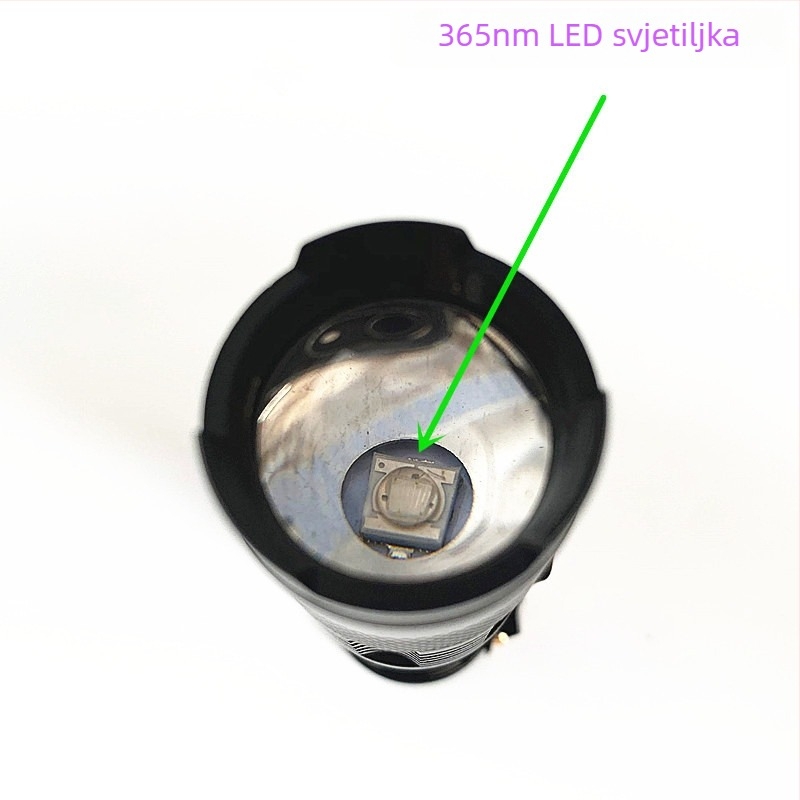 UV svjetiljka za provjeru novčanica s 365 nm UV svjetlom, tijelo od aluminijske legure, LED 3W, 1×14500 punjiva baterija, 360° rotacija
