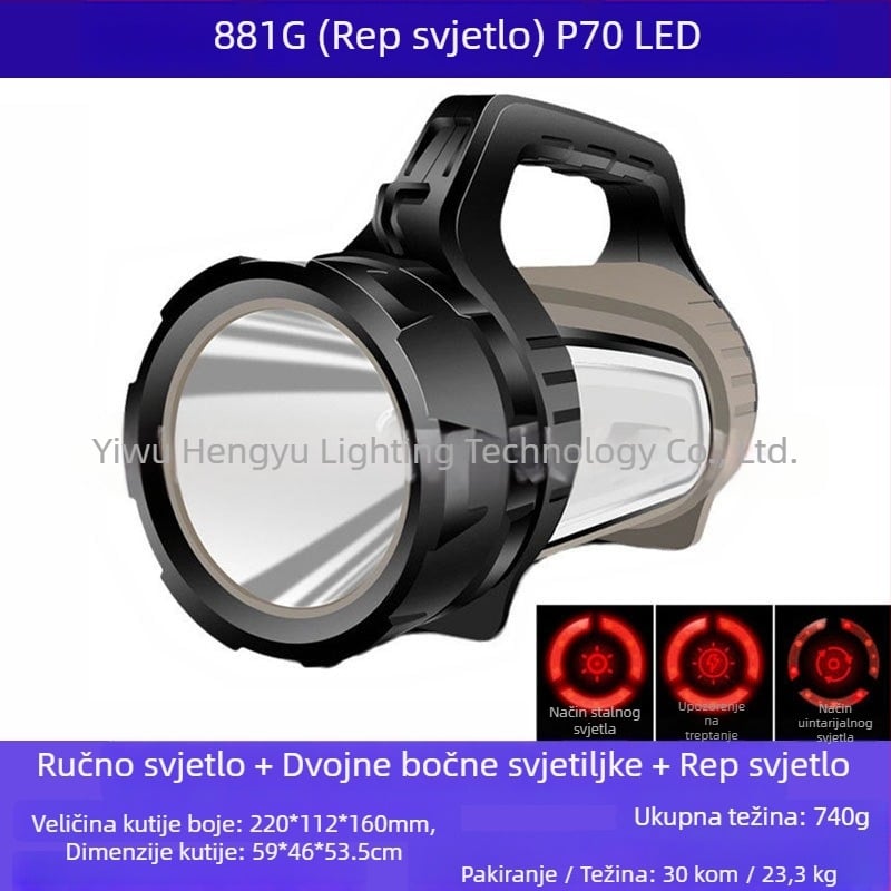 Hengyu 881 prenosna LED svjetiljka, ABS kućište, 30W, 9600mAh, punjiva, domet ≥500 m