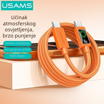 USB-C kabel za napajanje, pleteni, 60W PD brzo punjenje, duljina 1–2 m