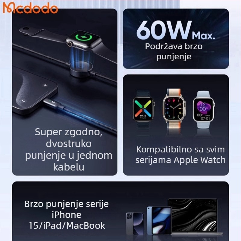 60W 2-u-1 magnetski bežični kabel za punjenje s Type-C priključkom, za satove i mobilne uređaje