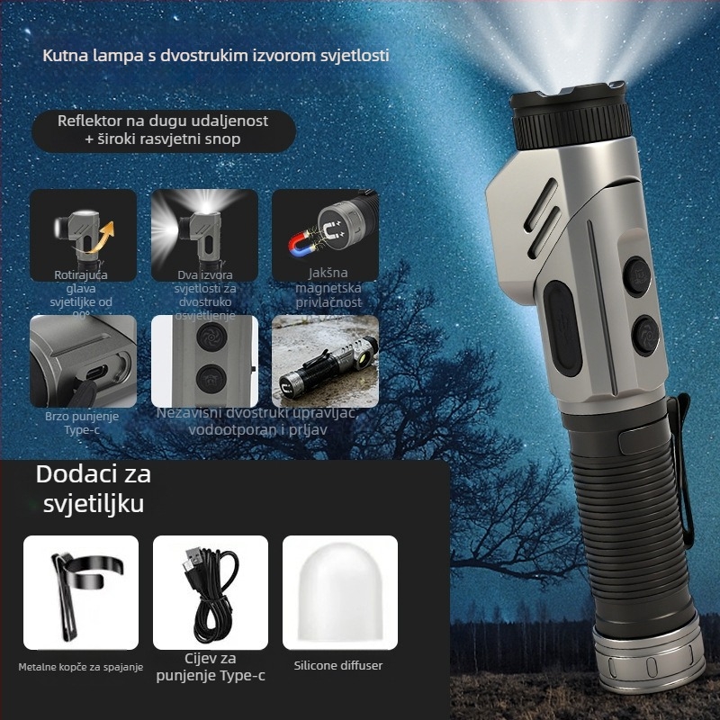 Prenosna LED svjetiljka, kutna radna rasvjeta, aluminijska legura (4800 mAh; 20 W; 350+ lm; vodootporna; domet 200–500 m)