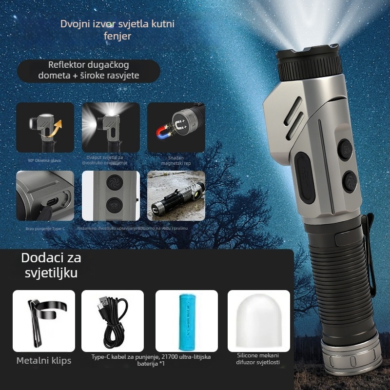 Prenosna LED svjetiljka, kutna radna rasvjeta, aluminijska legura (4800 mAh; 20 W; 350+ lm; vodootporna; domet 200–500 m)