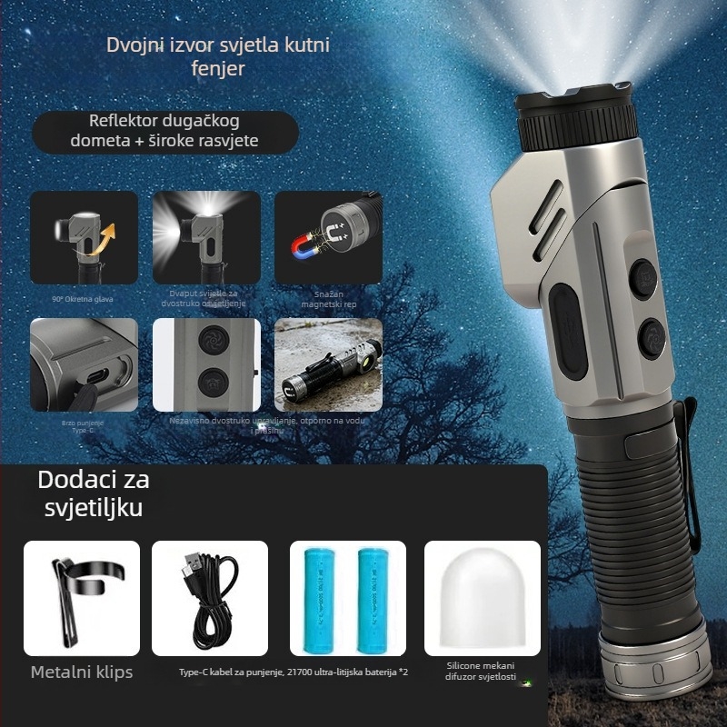Prenosna LED svjetiljka, kutna radna rasvjeta, aluminijska legura (4800 mAh; 20 W; 350+ lm; vodootporna; domet 200–500 m)