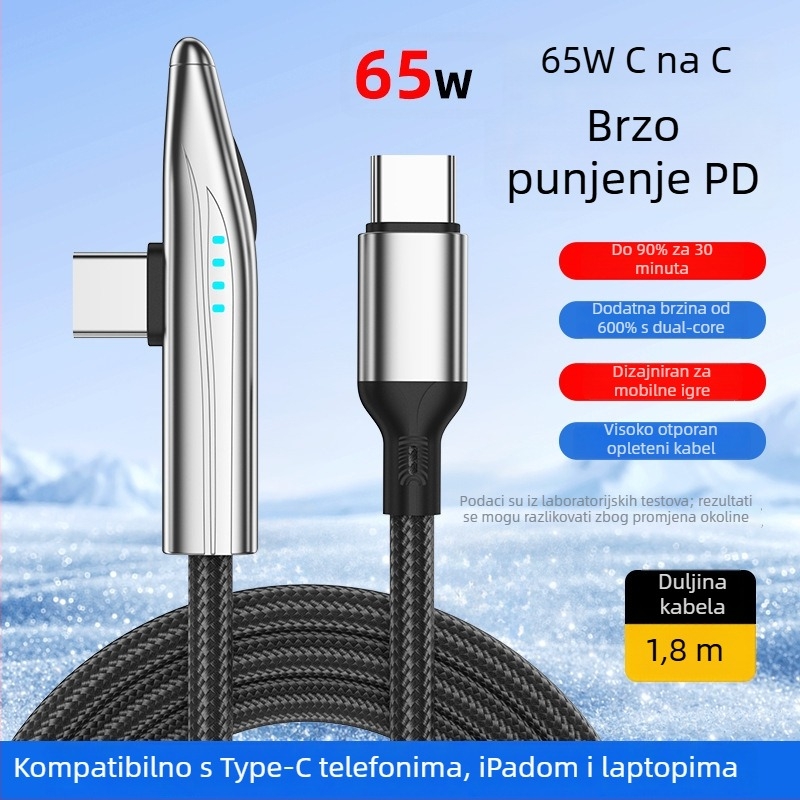 New Billion 240W USB-C kabel za brzo punjenje s 90° dizajnom, pleteni kabel, s jednim krajem za telefon, tablet i prijenosno računalo