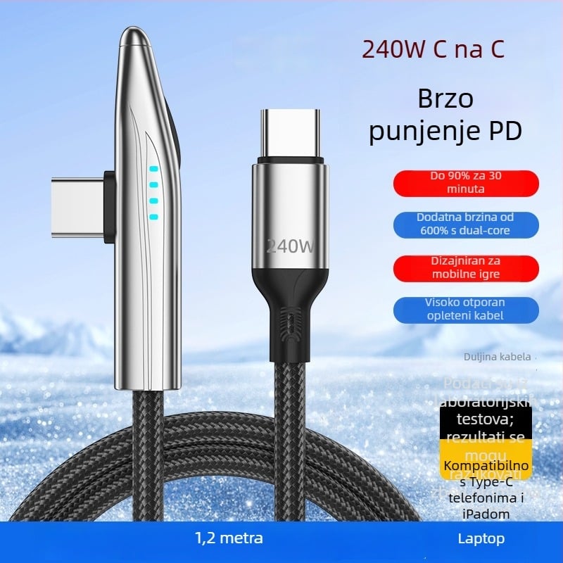New Billion 240W USB-C kabel za brzo punjenje s 90° dizajnom, pleteni kabel, s jednim krajem za telefon, tablet i prijenosno računalo