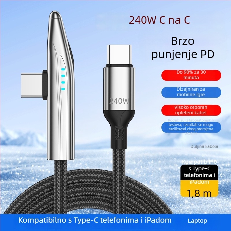New Billion 240W USB-C kabel za brzo punjenje s 90° dizajnom, pleteni kabel, s jednim krajem za telefon, tablet i prijenosno računalo