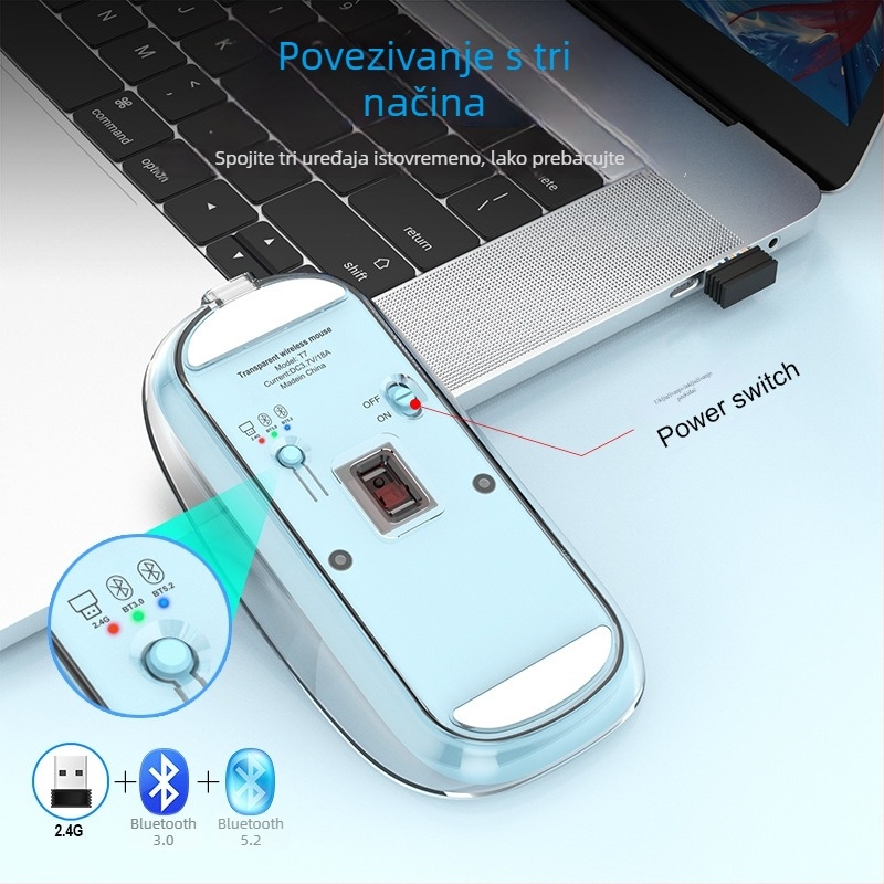 Bežična miša T7 — 2400 DPI, 4 tipke, Bluetooth 2.4 GHz, domet 10 m, punjiva